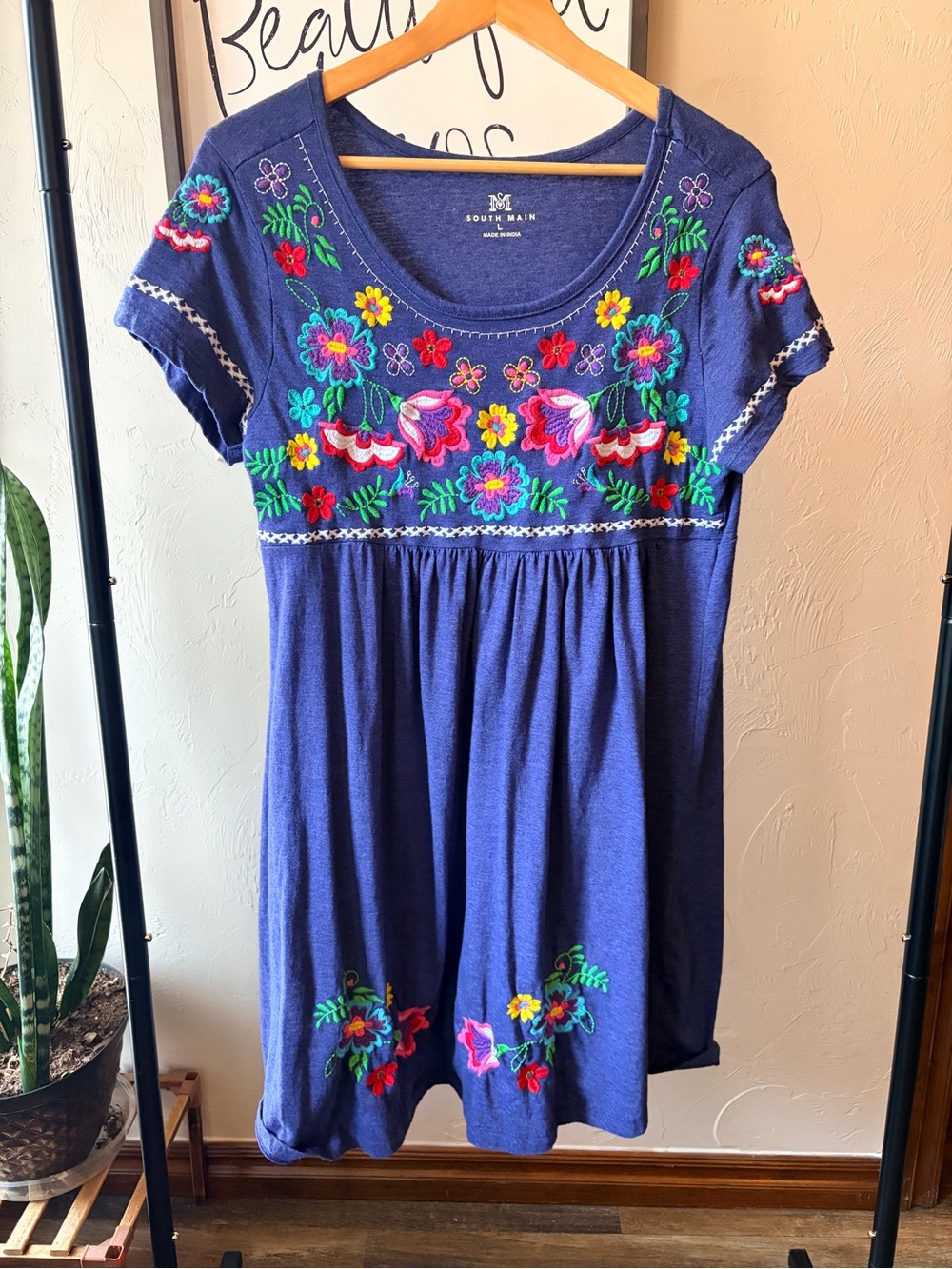 South Main Navy Embroidered Floral Midi Boho Cottage-core Dress Size L